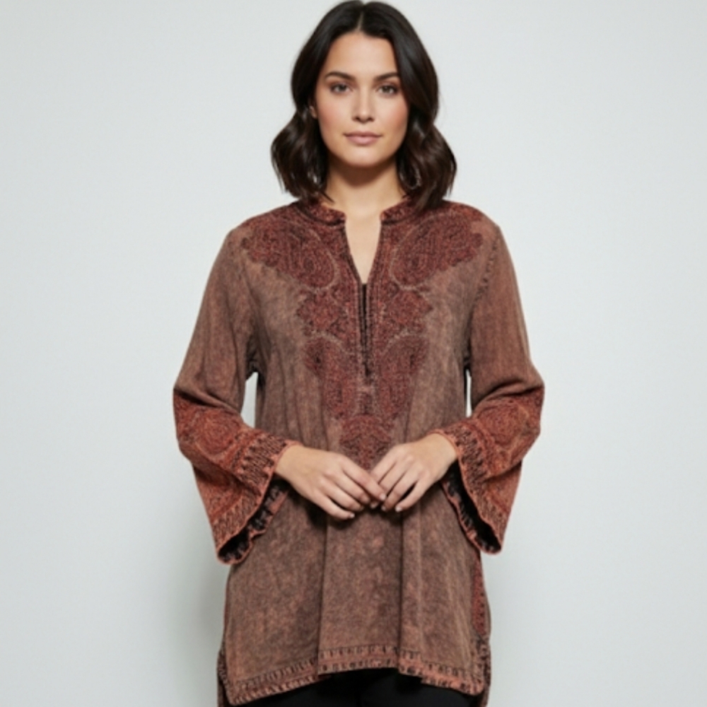 Soft Surroundings Womens 100% Tencel Tunic Embroidered Boho Chambray Orange 2X